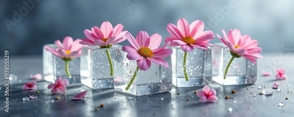 Obraz Delicate flowers in ice cubes on a gray background, flowers, frozen