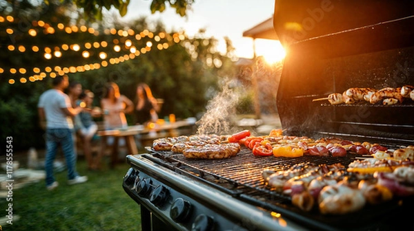 Obraz The image shows a backyard barbecue scene with string lights hanging above, creating a warm and inviting atmosphere