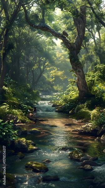 Fototapeta Nature's Symphony: A Harmonious Scene of Tranquil River Flowing Through Lush Forest Coexisting with Wildlife in Perfect Balance