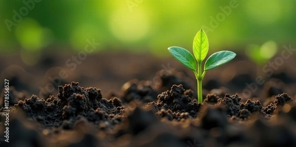 Obraz Small green shoot breaks through soil surface, botanical, plants, earthy tones