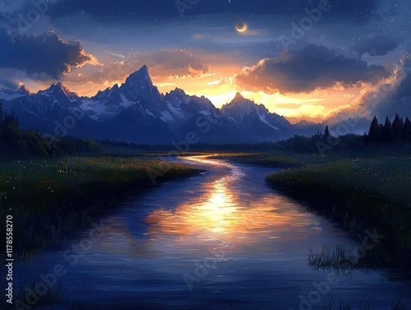 Fototapeta A surreal mountain range glowing softly under the light of twin moons. Rivers of molten gold flow from the peaks into radiant lakes that reflect the vibrant constellations swirling in the night 