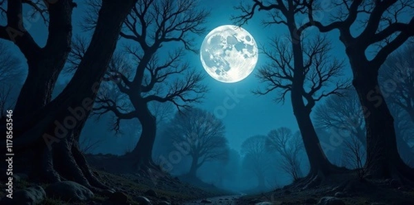 Fototapeta Dark woods under full moon with twisted branches, woods, branches, eerie