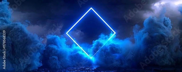 Fototapeta 3D render of blue neon rhombus enveloped in smoke, dark background, square frame glowing softly in clouded sky, ethereal design.