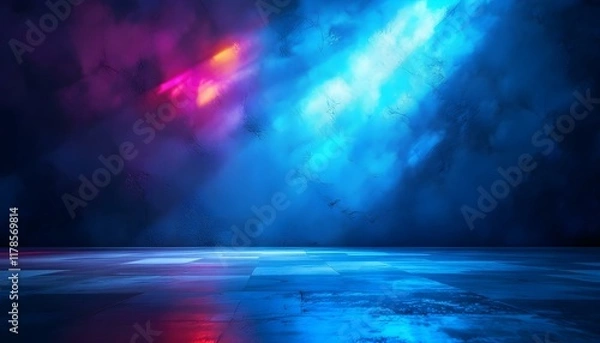 Fototapeta Abstract wall studio room blue background for displaying your products. Dark empty scene, blue neon searchlight light. Dark blue studio room with spotlight backdrop wallpaper. 3d blue room background