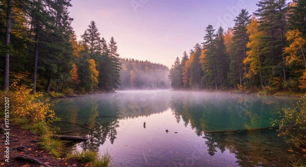 Obraz Serene Autumn Lake at Sunrise Misty Forest Reflections Fall Colors