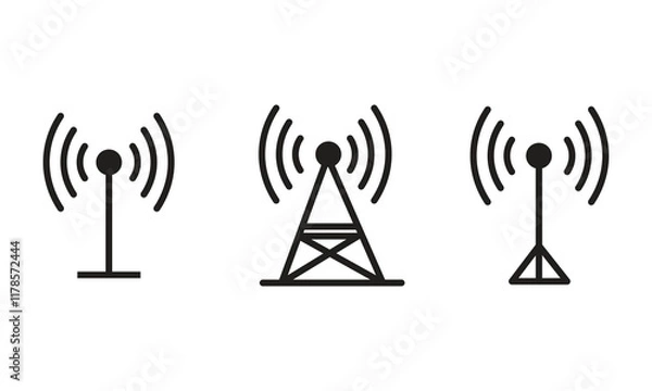 Fototapeta Radio tower icon set. Radio tower, mast with radio waves isolated on white artboard. 11.11