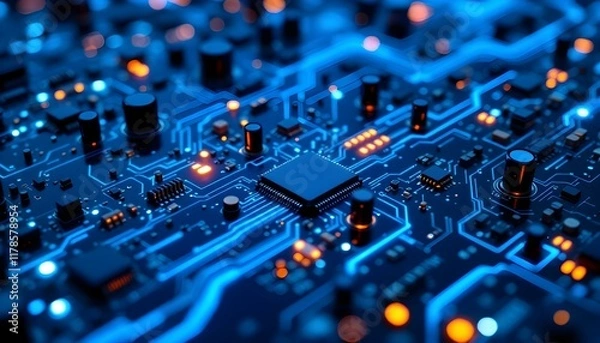 Fototapeta High-tech circuit board background, abstract digital technology presentations, electronic components, digital infrastructure, blue tech theme, modern electronics evolution expansion background image