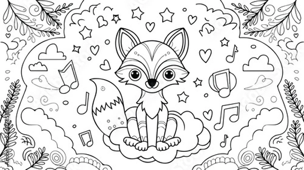 Fototapeta A whimsical coloring book page with a playful fox vector illustration design. Coloring book design vector.