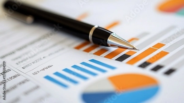 Fototapeta Pen rests on financial report with charts and graphs.