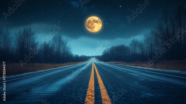Obraz Full moon over a snow-covered road at night.