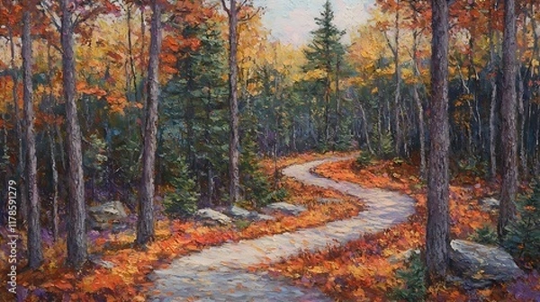 Fototapeta Winding autumn path through colorful forest. Use Fall scenery, nature backdrop.