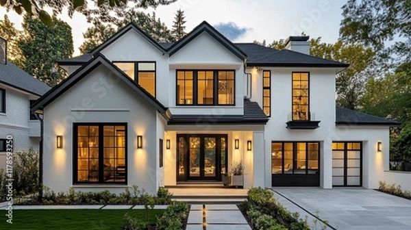 Fototapeta A newly built home featuring stylish white walls and modern design. 
