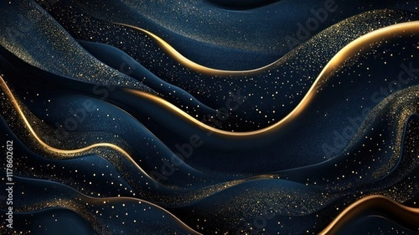 Fototapeta Abstract dark blue and gold wavy background with glitter. (1)