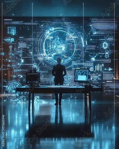 Fototapeta Futuristic Workspace with High-Tech Data Visualization and Focused User