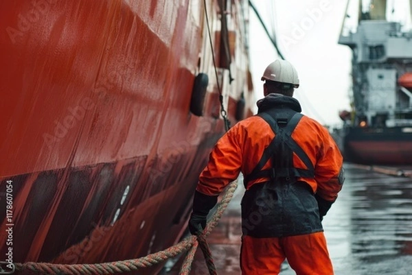 Fototapeta Worker Managing Rope During Ship Docking Process