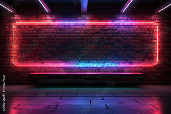 Fototapeta Eye catching Nightlife Aesthetics: Green Neon Frame on Brick Background