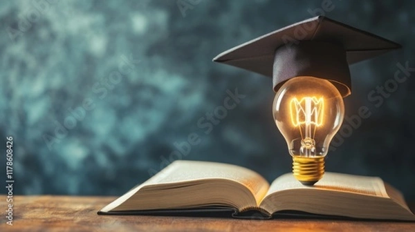 Obraz An open book with a light bulb wearing a graduation cap symbolizes knowledge, creativity, and the fusion of education and innovation.