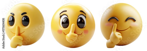 Obraz Cute Cartoon Emoji Faces with Shushing Gesture on Transparent Background
