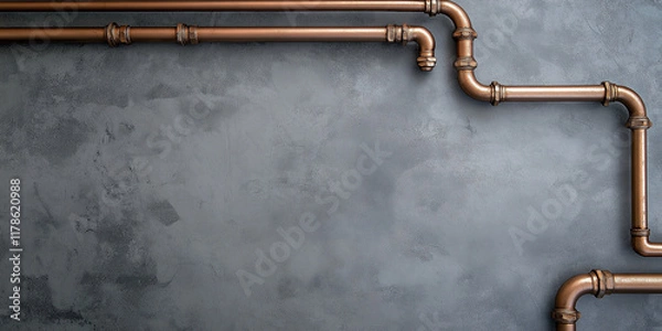 Fototapeta Copper pipes arranged on a textured grey concrete wall, creating a rustic industrial design. The pipes form an interesting frame, leaving space for text or imagery.