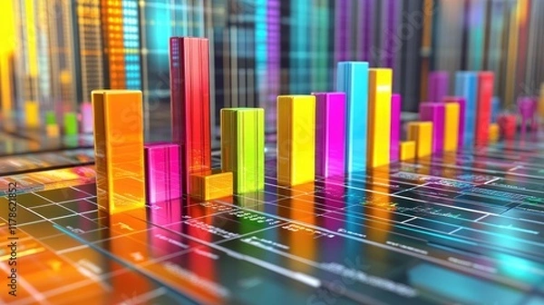 Fototapeta A colorful D bar chart with each bar labeled by percentage, floating above a high-tech surface, surrounded by digital data points and futuristic grids.