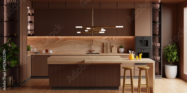 Obraz kitchen room interior in brown mocha mousse 2025 color with modern decoration - 3D rendering
