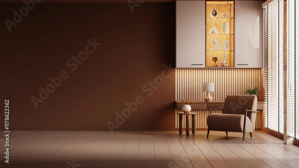 Obraz Living room interior in brown mocha mousse 2025 color with brown armchair  and decor- 3D rendering