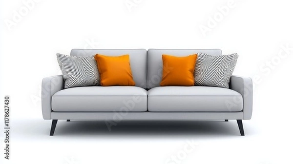 Fototapeta Gray Sofa with Pillows Isolated on White Background