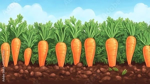 Obraz Fresh carrots growing in a sunny field, perfect for healthy eating and farming visuals.