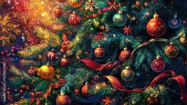 Fototapeta Beautifully adorned Christmas tree with close-up details of ornaments, ribbons, and lights, creating a perfect festive New Year's Card  design