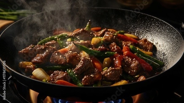 Fototapeta A sizzling skillet on a stovetop with vibrant vegetables and succulent pieces of meat, creating a mouth-watering stir-fry with steam rising, capturing the essence of home cooking.