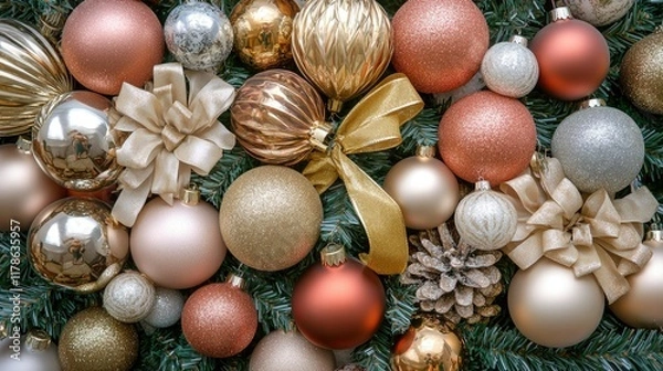 Obraz Beautiful Christmas tree decorations with close-up details of ornaments, golden ribbons, and twinkling lights, perfect for a festive New Year's  background