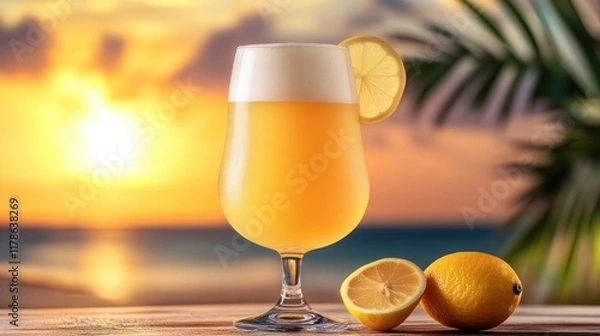 Obraz A stylish beer glass filled with a creamy wheat beer, decorated with a slice of lemon on the rim, set against a vibrant sunset backdrop, capturing the essence of summer evenings.