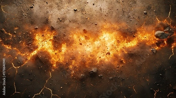 Fototapeta A fiery explosion erupts from the ground, creating a dramatic scene of chaos and destruction.