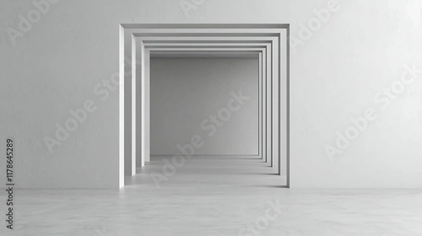 Fototapeta A minimalist interior featuring a series of white frames creating a perspective effect in a spacious, empty room.