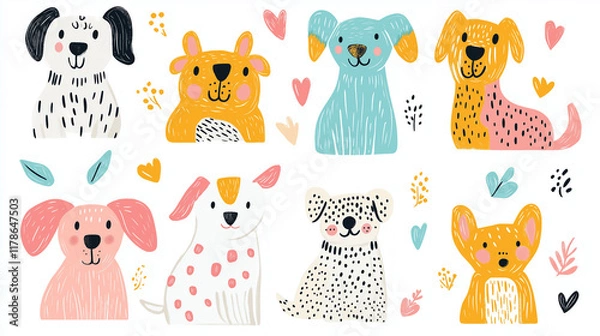 Obraz Cute fancy dogs, sticker sheet on white background,
