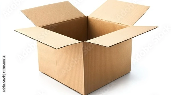 Fototapeta Close-up of a cardboard box with a textured surface, placed on a white background, perfect for minimalistic packaging and delivery-themed images