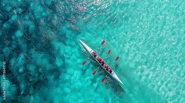 Fototapeta Aerial view of a vibrant canoe team paddling through crystal-clear turquoise waters, showcasing teamwork and adventure.