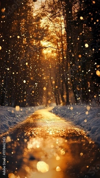 Fototapeta Soft blurred golden lights shimmer faintly along a snow-laden forest road evoking a peaceful and dreamy winter wonderland atmosphere