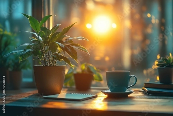 Fototapeta Morning sunlight illuminates a cozy workspace with coffee and houseplants in a serene setting
