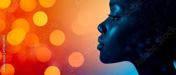 Fototapeta A serene profile of a woman against a vibrant, colorful background, highlighting her features and creating a striking visual contrast.