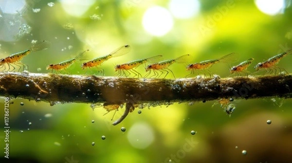 Fototapeta A close-up of shrimp swimming along a submerged branch in a lush aquatic environment.