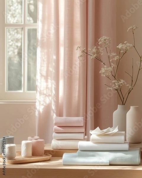 Fototapeta Pastel Craft Station Calm and Minimalist DIY Setup in Soft Lighting