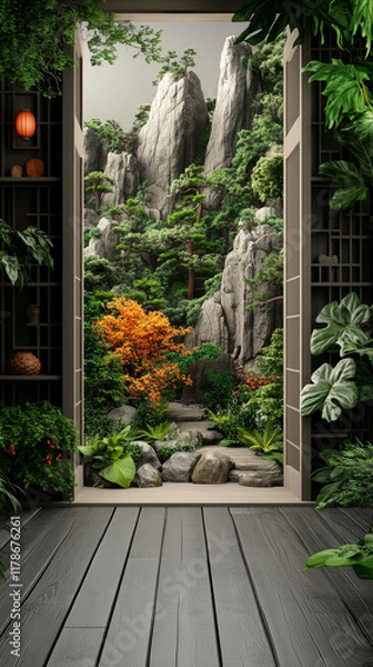 Fototapeta Scenic mountain landscape viewed through an open doorway with lush greenery and vibrant foliage.