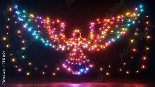 Fototapeta Realistic D Christmas lights garland glowing in neon colors, forming an elegant angel frame on a transparent background