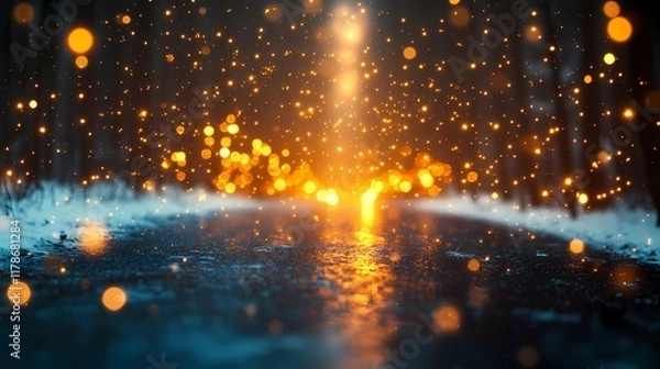 Fototapeta Soft blurred golden lights shimmer faintly along a snow-laden forest road evoking a peaceful and dreamy winter wonderland atmosphere