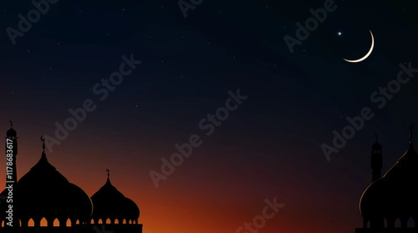 Fototapeta Night Sky with Star,Islamic card with Mosques dome,Crescent moon on Sunset sky, Ramadan Night with twilight dusk sky for Islamic religion,Eid al-Adha,Eid Mubarak,Eid al fitr,Ramadan Kareem,Muharram