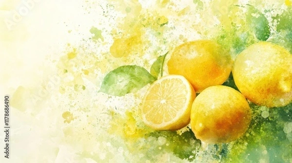 Fototapeta Watercolor Lemon tree branches seamless border,lemon set On a white background,Summer citrus fruit,Juicy colors,Hand drawn lemon set,Botanical illustration collection,Whole lemons,banner menu drink.