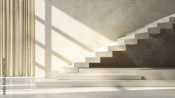 Fototapeta Modern minimalist beige staircase with sunlight.
