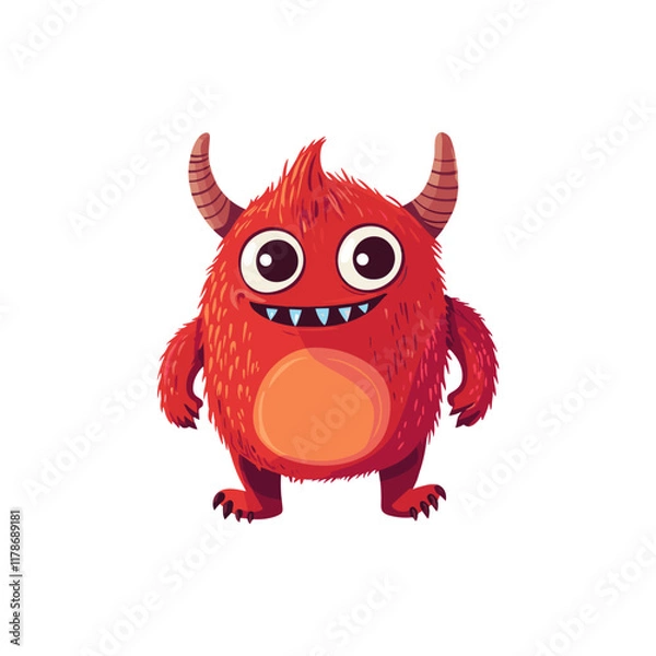 Fototapeta Colorful Cartoon red color Monster with Striped Horns and Cute Playful Expression halloween character isolated on white background