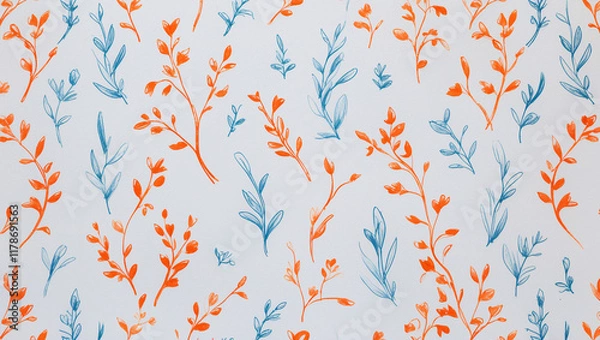Fototapeta Seamless pattern featuring delicate orange and blue floral branches on a white background